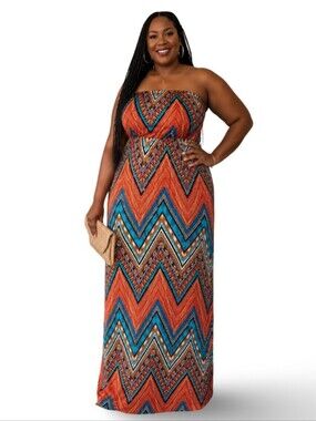 Pronto USA Boho Strapless Tribal Print Maxi Dress Festival Resort‎ Chevron Large